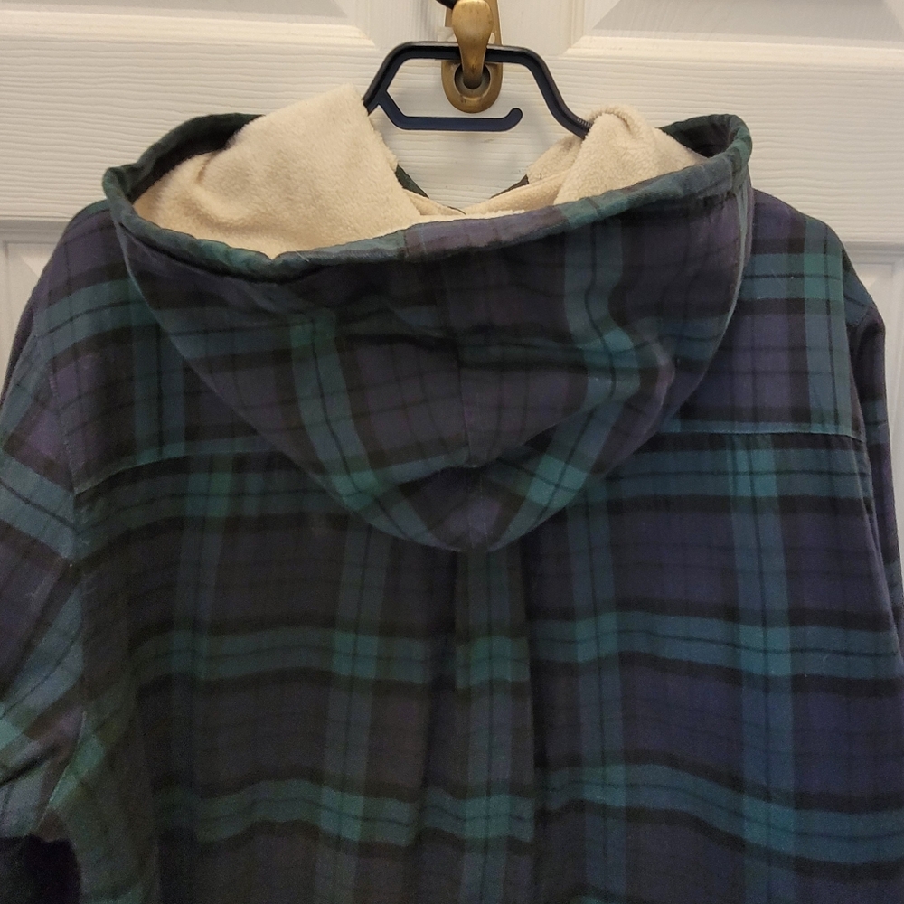 LL BEAN FLEECE LINED PLAID FLANNEL HOODIE SHACKET WOMEN'S SIZE  LARGE - Picture 9 of 16
